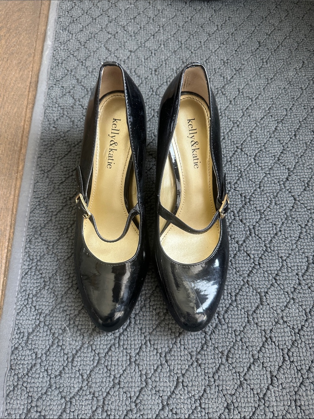 Kelly & Katie Black Patent Mary Jane Heels with Gold Buckle